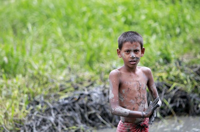 A boy looks on as he catches fish in a partially dried-up pond in Agartala, India, June 30, 2016. (Photo by Jayanta Dey/Reuters)
