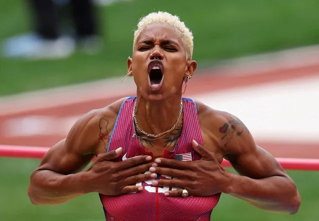 Rachel McCoy of Team United States reacts during the Women's High Jump qualification on day two of the World Athletics Championships Oregon22 at Hayward Field on July 16, 2022 in Eugene, Oregon. (Photo by Mike Segar/Reuters)