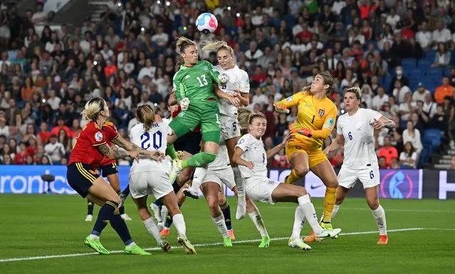 Spain's goalkeeper Sandra Panos in action against England's Alex Greenwood and Mary Earps, in their Euro 2022 quarter final match at the Amex Stadium, Brighton, on England's south coast on July 20, 2022. England beat Spain 2-1, after extra time. (Photo by Dylan Martinez/Reuters)