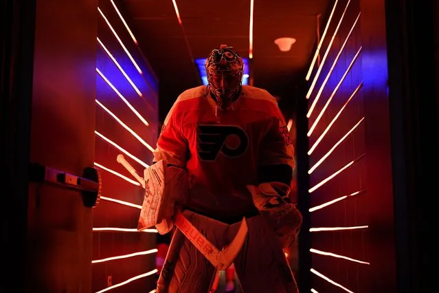 Philadelphia Flyers' Carter Hart waits to warmup before an NHL hockey game against the New Jersey Devils, Thursday, October 13, 2022, in Philadelphia. (Photo by Matt Slocum/AP Photo)