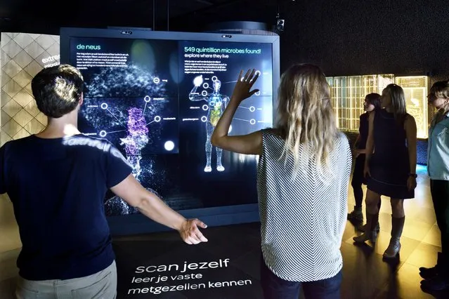 This undated picture released by Micropia on September 30, 2014 shows visitors at Micropia being scanned to check their own microbes. The “micro-zoo” was opened in Amsterdam on September 30, 2014 by Dutch Queen Maxima. The world's first “interactive microbe zoo” shines new light on the tiny creatures that make up two-thirds of all living matter and are vital for our planet's future. (Photo by Maarten van der Wal/AFP Photo)