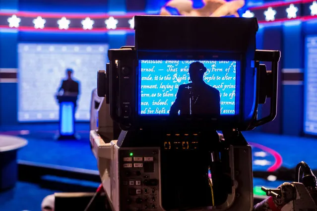 A stand-in for Republican presidential candidate Donald Trump is seen in a television camera monitor as preparations continue Sunday September 25, 2106 for the presidential debate at Hofstra University in Hempstead, N.Y. (Photo by J. David Ake/AP Photo)