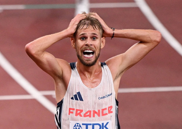 France's Jimmy Gressier celebrates after winning the Men's 10,000m Final on September 14, 2025. (Photo by Dylan Martinez/Reuters)