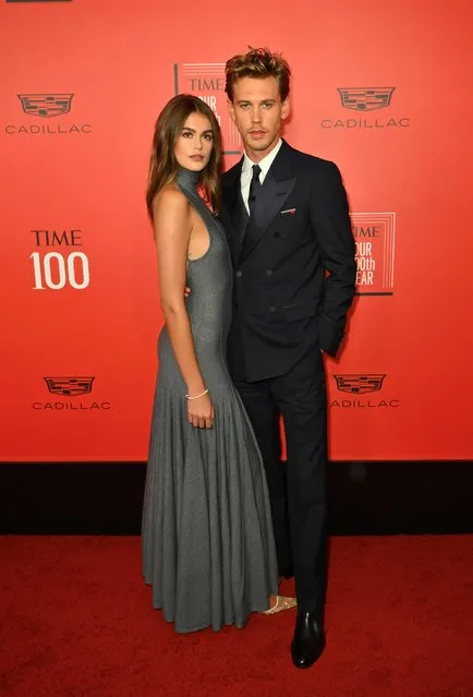 US actor Austin Butler and US actress/model Kaia Gerber arrive for the Time 100 Gala, celebrating the 100 most influential people in the world, at Lincoln Center's Frederick P. Rose Hall in New York City on April 26, 2023. (Photo by Angela Weiss/AFP Photo)