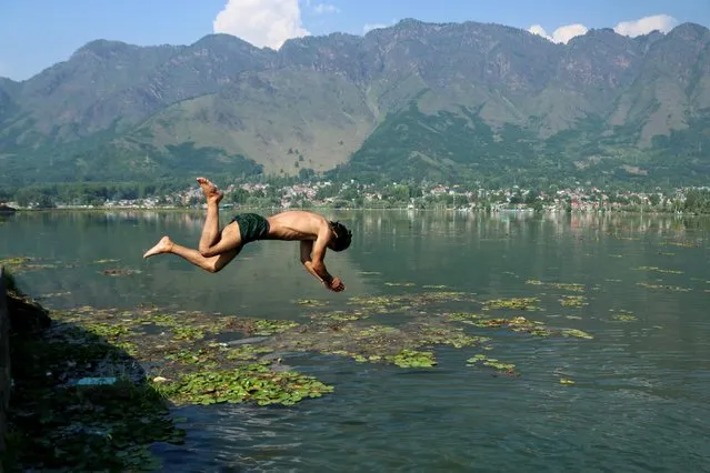 A boy jumps into the waters of Dal Lake to cool himself on a hot day in Srinagar on June 19, 2023. A day temperature of 31 degree Celsius (87.8 degrees Fahrenheit) was recorded in Srinagar on 19 June as the meteorological department predicts a hot and humid weather in Kashmir in the next few days. (Photo by Firdous Nazir/eyepix via ZUMA Press Wire/Alamy Live News)