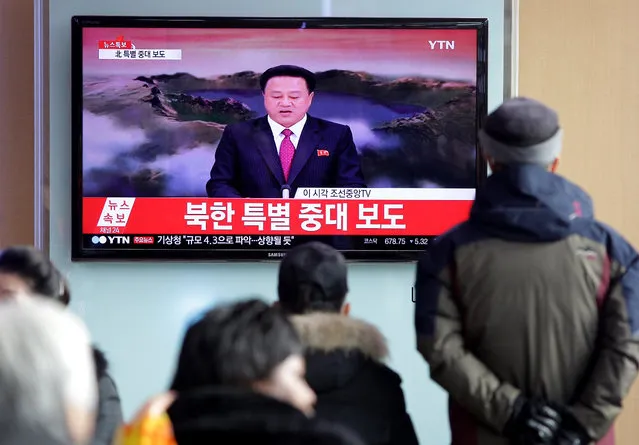 South Korean watch a television broadcast reporting the North Korea's Hydrogen Bomb Test at the Seoul Railway Station on January 6, 2016 in Seoul, South Korea. North Korea confirmed it has conducted a hydrogen bomb test after South Korea's Metrological Administration detected an 'artificial earthquake' near  Punggye-ri, North Korea's main nuclear testing site on January 6, 2015. (Photo by Chung Sung-Jun/Getty Images)