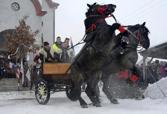 Bosnian Serb men ride horses as they prepare for a traditional parade for the Orthodox Christmas Eve, in the village of Glamocani near Bosnian town of Banja Luka, 350 km northwest of Sarajevo, Wednesday, January 6, 2016. Bosnian Serbs as Orthodox Christians celebrate Christmas on Jan. 7, according to the Julian calendar. (Photo by Radivoje Pavicic/AP Photo)