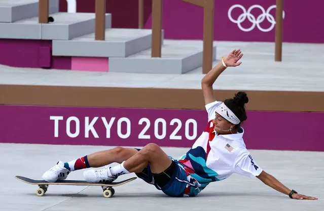 Mariah Duran of Team United States falls while competing during the Women's Street Prelims Heat 1 on day three of the Tokyo 2020 Olympic Games at Ariake Urban Sports Park on July 26, 2021 in Tokyo, Japan. (Photo by Lucy Nicholson/Reuters)