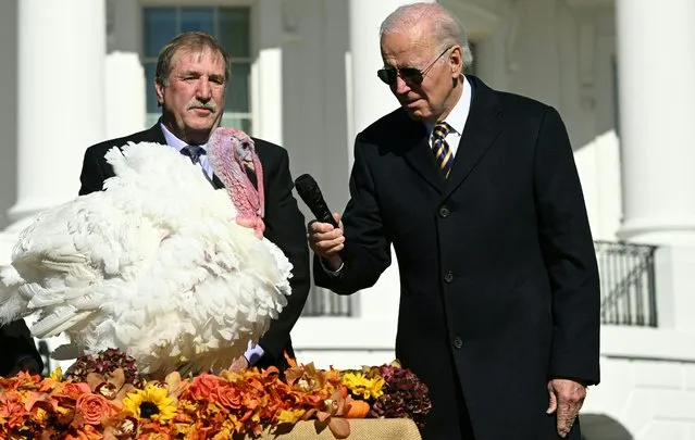 US President Joe Biden pardons Chocolate, the National Thanksgiving Turkey, as he is joined by the National Turkey Federation Chairman Ronnie Parker (L) on the South Lawn of the White House in Washington, DC on November 21, 2022. (Photo by Saul Loeb/AFP Photo)