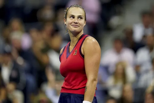 Aryna Sabalenka,of Belarus, reacts after losing a point to Leylah Fernandez, of Canada, during the semifinals of the US Open tennis championships, Thursday, September 9, 2021, in New York. (Photo by Seth Wenig/AP Photo)