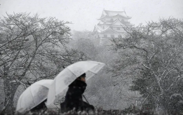 Hikone Castle is seen in the snow in Hikone, in Shiga Prefecture, Japan, in this photo taken by Kyodo January 14, 2017. (Photo by Reuters/Kyodo News)