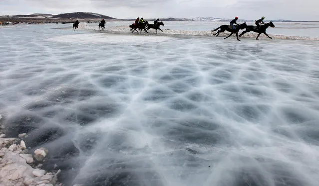 Riders compete on the frozen Yenisei River during the 44th Ice Derby amateur horse race near the settlement of Novosyolovo, some 250 km (155 miles) south of the Siberian city of Krasnoyarsk, March 15, 2014. The Ice Derby has been held in Novosyolovo annually at the end of each winter since 1969, drawing participants from the entire region. (Photo by Ilya Naymushin/Reuters)