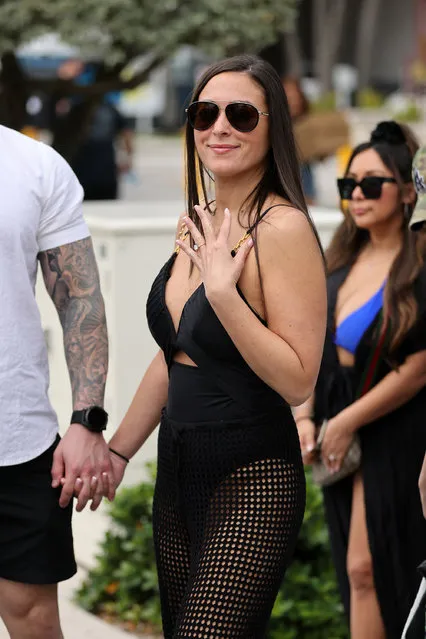 American TV personality Sammi “Sweetheart” Giancola flashes her engagement ring on April 4, 2024 in Miami. (Photo by The Mega Agency)