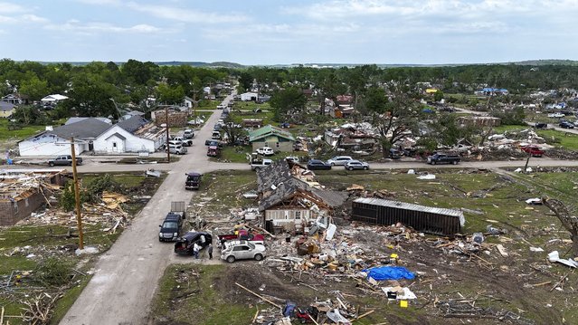 An aerial view of homes that got destroyed by a tornado that hit in Barnsdall, Oklahoma USA, 08 May 2024. According to Barnsdall Mayor Johnny Kelley, one person was dead while one man was missing, after a tornado that occurred on 06 May. (Photo by Adam Davis/EPA)