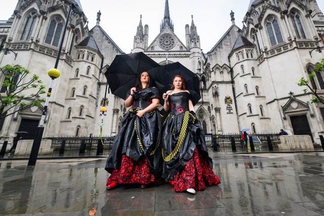 Bronté Barbé and Rebekah Hinds, from the cast of the musical Kathy and Stella Solve A Murder!, pose outside the Royal Courts of Justice in the last decade of May 2024 as the show transfers to London after sell-out runs in Manchester, Bristol and Edinburgh. (Photo by Matt Crossick/The Times)