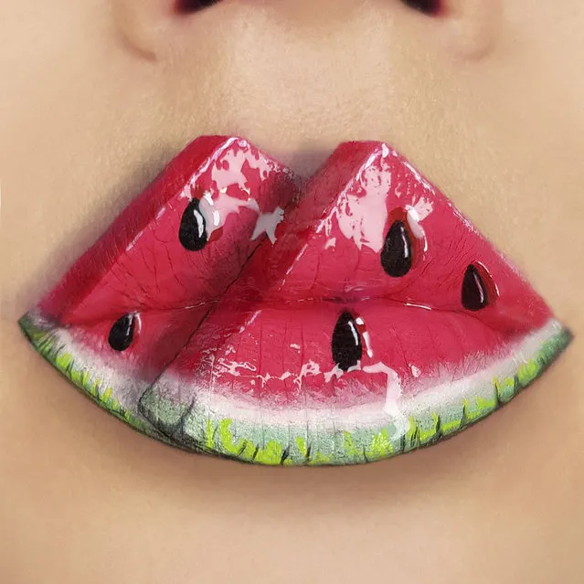 Tutushka's lipstick art work on her lips showing watermelons. (Photo by Tutushka Matviienko/Caters News Agency)