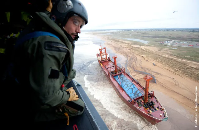 The cargo ship TK Bremen, stranded on Kerminihy beach at Erdeven, near Lorient, France, on December 16, 2011