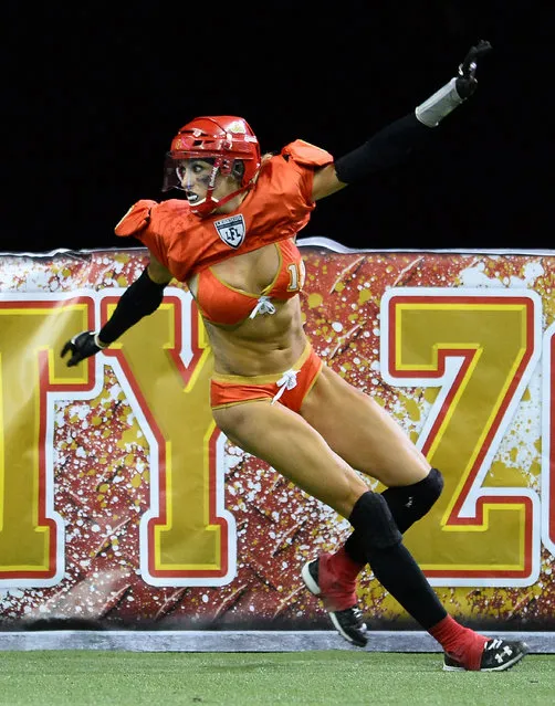 Cynthia Schmidt #18 of the Las Vegas Sin celebrates after scoring a touchdown against the Green Bay Chill during their game at the Thomas & Mack Center on May 15, 2014 in Las Vegas, Nevada. Las Vegas won 34-24.  (Photo by Ethan Miller/Getty Images)