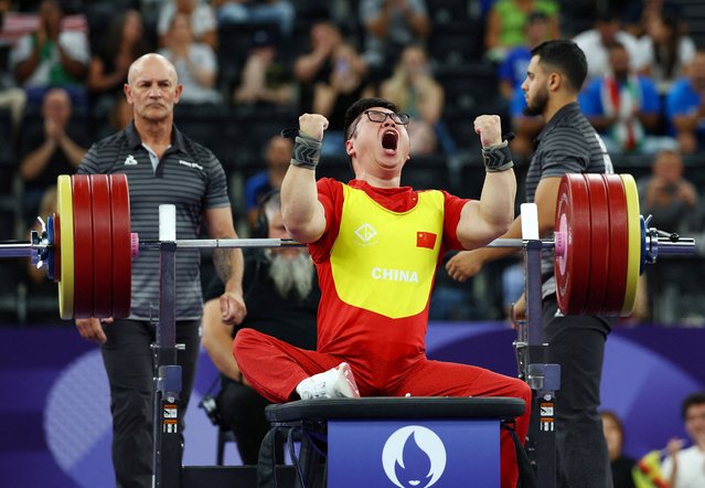 Peng Hu of China reacts after winning silver medal in the men's powerlifting 72kg final at the Paris Paralympics on September 6, 2024. (Photo by Rula Rouhana/Reuters)