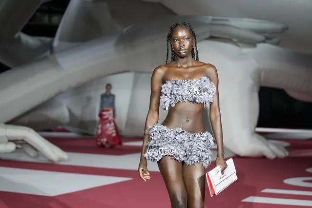 A model wears a creation as part of the Diesel women's Spring Summer 2023 collection presented in Milan, Italy, Wednesday, September 21, 2022. (Photo by Antonio Calanni/AP Photo)