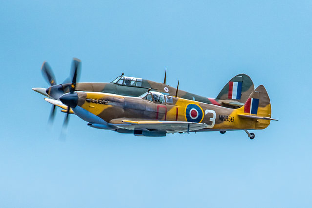 Picture dated June 11th, 2022 shows a Spitfire and Hurricane performing at the Teeside Airshow in Northern England on Saturday. For the last two years the show was cancelled due to Covid restrictions. (Photo by Caroline Haycock/Bav Media)