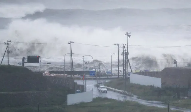 Waves crash against a coast in Ishinomaki, Miyagi prefecture, northeastern Japan, Tuesday, August 30, 2016. A typhoon is about to barrel into northern Japan, threatening to bring floods to an area still recovering from the 2011 tsunami. Typhoon Lionrock has already paralyzed traffic, caused blackouts and prompted officials to urge residents to evacuate. (Photo by Jun Hirata/Kyodo News via AP Photo)