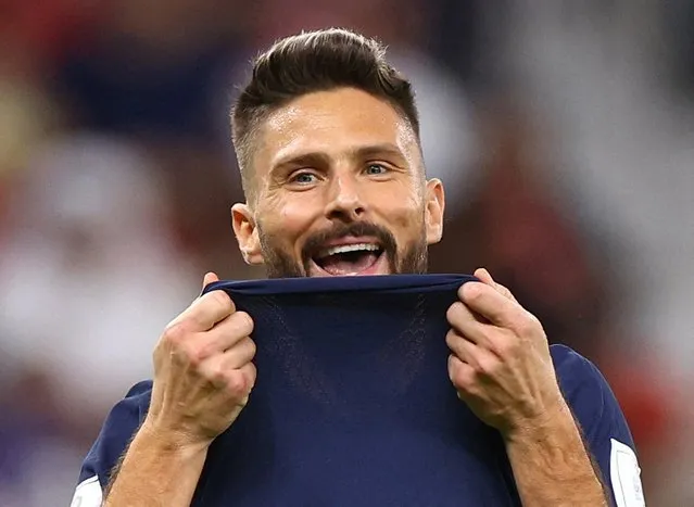 Olivier Giroud of France reacts during the Round of 16 - FIFA World Cup Qatar 2022 match between France and Poland at the Al Thumama Stadium on December 4, 2022 in Doha, Qatar. (Photo by Hannah Mckay/Reuters)
