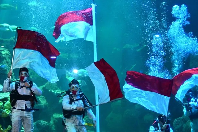 Divers wave national flags during an underwater flag ceremony at the Seaworld Ancol amusement park to commemorate Indonesias 75th Independence Day anniversary in Jakarta on August 17, 2020. (Photo by Adek Berry/AFP Photo)
