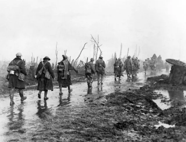 British troops coming out of the trenches Guillemont, Battle of the Somme, 1916. (Photo by Topham Picturepoint)