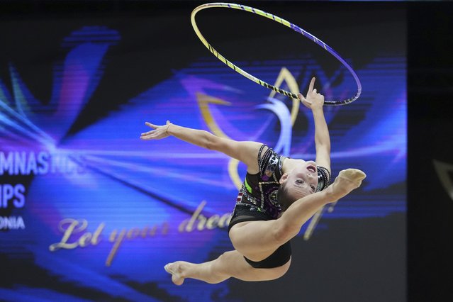 Alisa Lebedeva of Latvia performs with a hoop during senior individual qualifications of the European Championships in Rhythmic Gymnastics at the Unibet Arena, Tallinn, Estonia, Thursday, June 5, 2025. (Photo by Sergei Grits/AP Photo)
