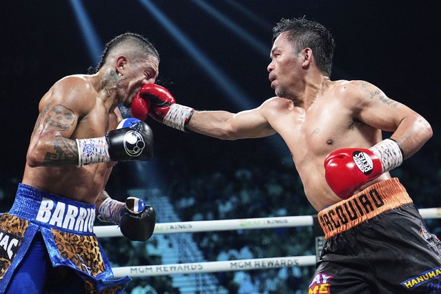 Mario Barrios, left, fights Manny Pacquiao in a welterweight title boxing match Saturday, July 19, 2025, in Las Vegas. (Photo by John Locher/AP Photo)
