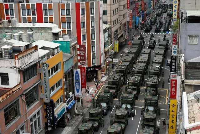 Military vehicles line up during a rehearsal two days before Taiwan's National Day on October 10 to mark the founding of the Republic of China on 1911, in Taipei, Taiwan October 8, 2016. (Photo by Tyrone Siu/Reuters)