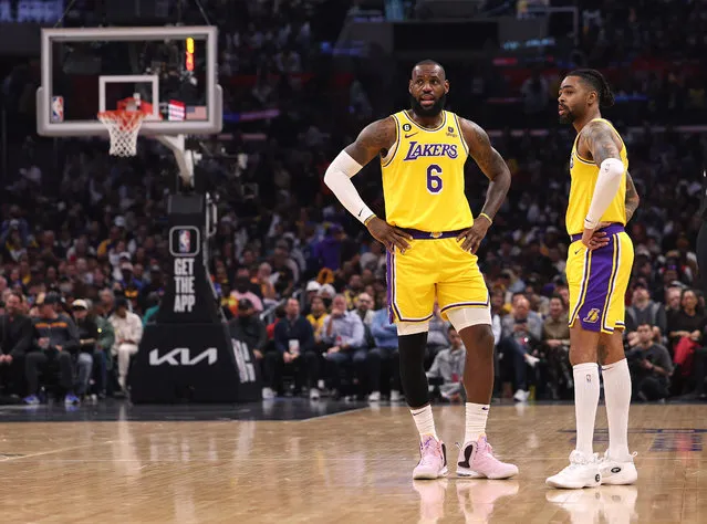LeBron James #6 of the Los Angeles Lakers and D'Angelo Russell #1 talk during the first half against the LA Clippers at Crypto.com Arena on April 05, 2023 in Los Angeles, California. (Photo by Harry How/Getty Images)