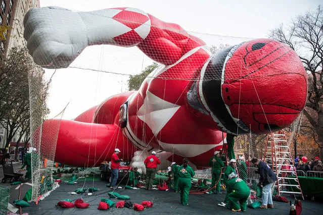 The Power Rangers float used in the Macy's Thanksgiving Day Parade is seen as it is inflated on November 25, 2015 in New York City. (Photo by Andrew Burton/Getty Images)