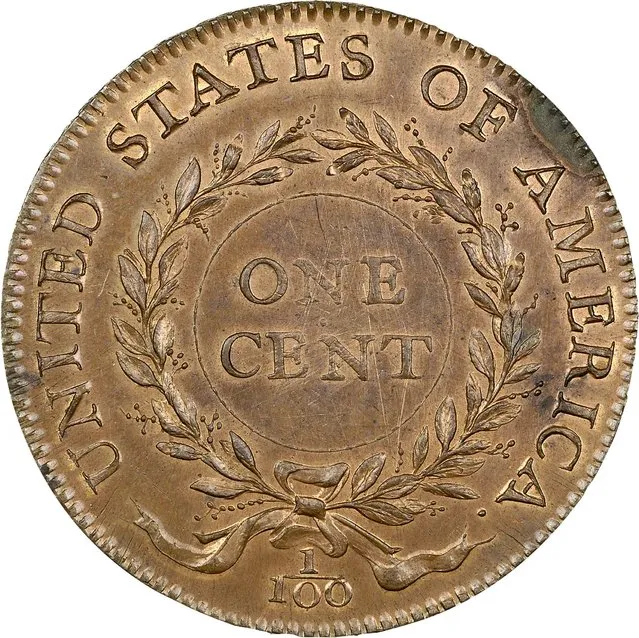 The reverse of the “Birch Cent”, a 1792 United States penny, is shown in this publicity photo released to Reuters January 12, 2015. (Photo by Reuters/Heritage Auctions)