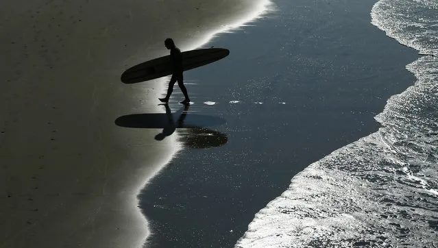 A surfer heads home after riding the morning waves in Oceanside, California January 13, 2015. (Photo by Mike Blake/Reuters)