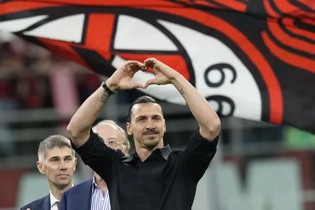 AC Milan's Zlatan Ibrahimovic reacts after his last game for the club at the end of a Serie A soccer match between AC Milan and Hellas Verona at the San Siro stadium, in Milan, Italy, Sunday, June 4, 2023. (Photo by Antonio Calanni/AP Photo)