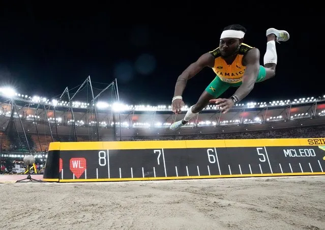 Carey McLeod, of Jamaica, fails an attempt in the Men's long jump final during the World Athletics Championships in Budapest, Hungary, Thursday, August 24, 2023. (Photo by Matthias Schrader/AP Photo)