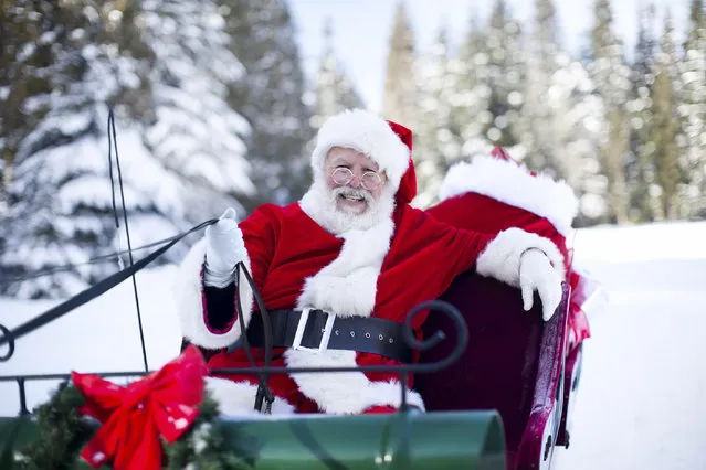Smiling Santa Claus takes a break from his duties and smiles at the camera in his sleigh. Sack of presents in the back, wreath on front of sleigh. Copy space over snowy trees in background. (Photo by quavondo/Getty Images)