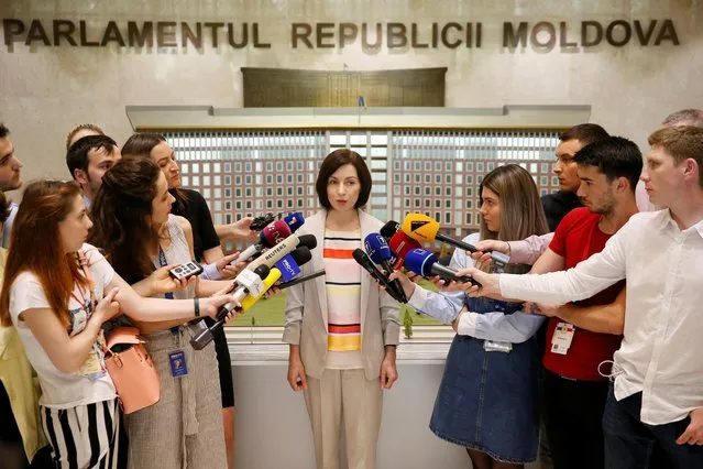 Maia Sandu, who was appointed as prime minister of Moldova, speaks to the media after the first meeting of the new cabinet, in Chisinau, Moldova on June 10, 2019. (Photo by Valentyn Ogirenko/Reuters)