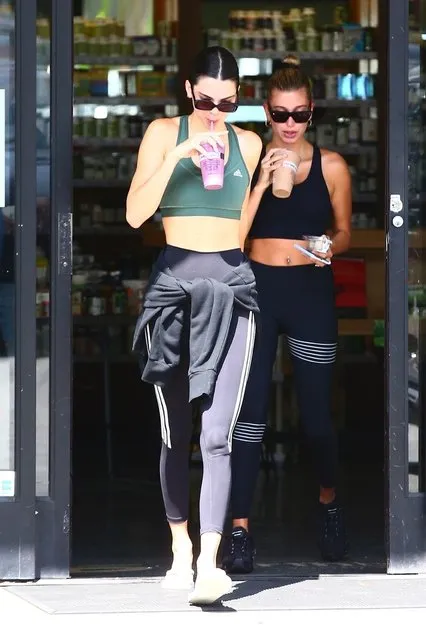 Kendall Jenner and Hailey Bieber are both seen leaving Hot Pilates and going to a smoothie shop in West Hollywood, CA. on August 19, 2019. (Photo by Backgrid USA)