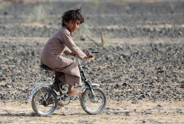 A boy cycles at a camp for internally displaced people in the Dhanah area of the central province of Marib, Yemen, April 30, 2016. (Photo by Ali Owidha/Reuters)
