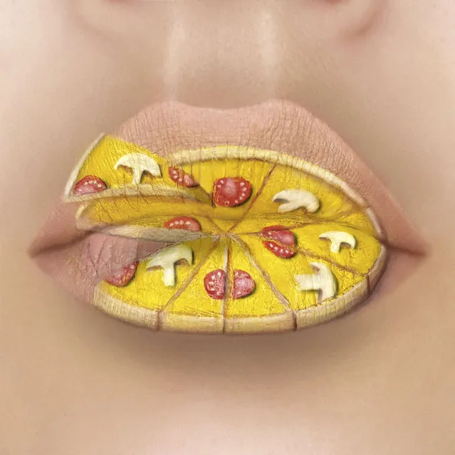 Tutushka's lipstick art work on her lips showing a tomato and mushroom pizza. (Photo by Tutushka Matviienko/Caters News Agency)