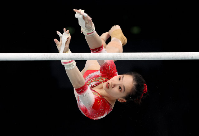 Yushan Ou of China on the beam during artistic gymnastics training in Paris on July 25, 2024. (Photo by Mike Blake/Reuters)