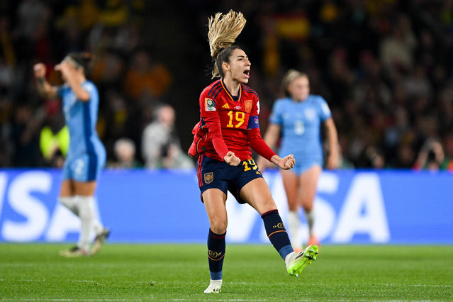 Olga Carmona of Spain celebrates after scoring a goal during the FIFA Women's World Cup 2023 Final soccer match between Spain and England at Stadium Australia in Sydney, Australia, 20 August 2023. (Photo by Dean Lewins/EPA/EFE)