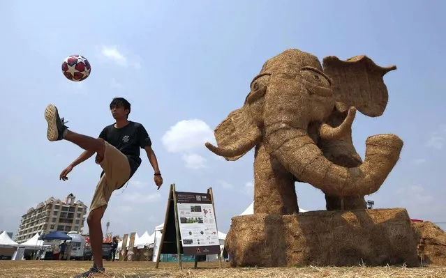 An entertainer performs with a soccer ball next to a large elephant sculpture on the last day of the annual Elephant Boat Race & River Festival on the banks of the Chao Phraya River in Bangkok, Thailand, 01 March 2020. The three day charity event, running for the second year, will donate all ticket sales to the Golden Triangle Asian Elephant Foundation (GTAEF), which will then be distributed to a wide range of elephant related charities. (Photo by Diego Azubel/EPA/EFE/Rex Features/Shutterstock)