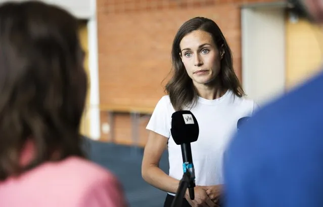 Prime Minister of Finland Sanna Marin (SDP) answering media questions on Thursday August 18, 2022 in Kuopio Finland before the start of the Social Democratic Party's parliamentary group summer meeting. Videos of Prime Minister Sanna Marin partying with various Finnish celebrities and public figures have spread throughout social media. (Photo by Matias Honkamaa/Rex Features/Shutterstock)