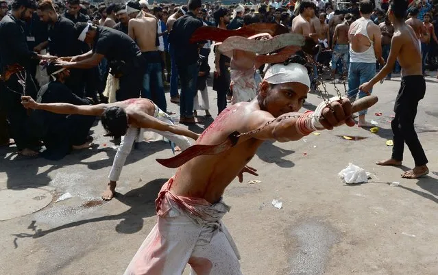 Indian Shiite Muslim perform a ritual of self-flagellation as they take part in a religious procession during the Ashura mourning period in New Delhi on October 1, 2017. The religious commemoration of Ashura, which includes a ten-day mourning period starting on the first day of Muharram on the Islamic calendar, commemorates the seventh-century slaying of Prophet Mohammed's grandson Imam Hussein in Karbala. (Photo by Sajjad Hussain/AFP Photo)