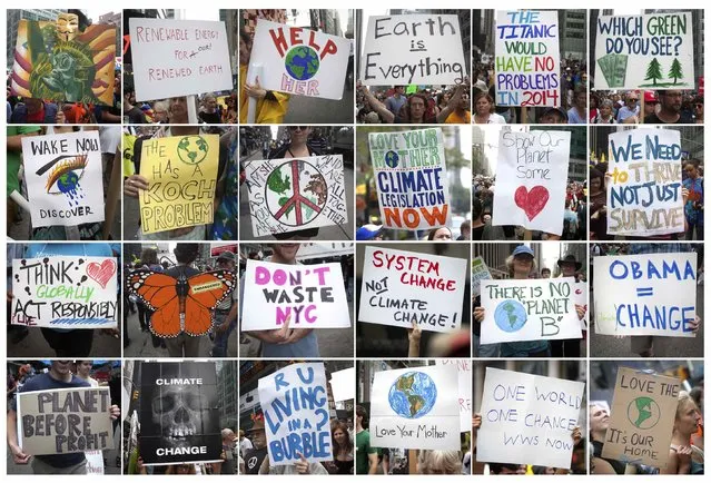 This combination image shows protest signs being carried during the “People's Climate March” down 6th Ave. in the Manhattan borough of New York September 21, 2014. Organizers are expecting up to 100,000 to join the People's Climate March in midtown Manhattan ahead of this week's U.N. General Assembly, which brings together 120 world leaders to discuss reducing carbon emissions that threaten the environment. (Photo by Carlo Allegri/Reuters)