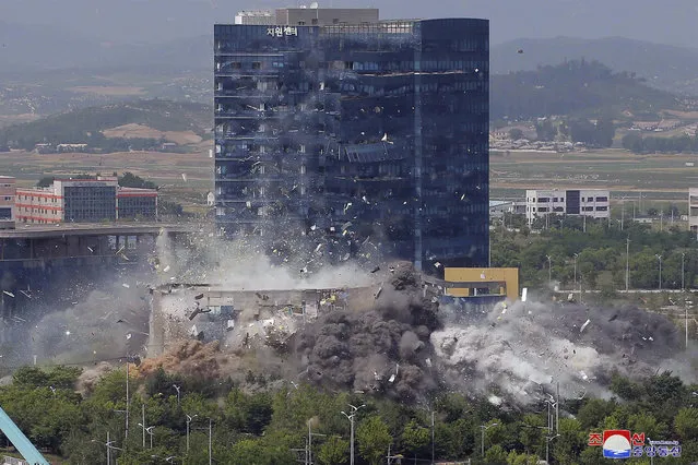 This photo provided by the North Korean government shows the explosion of an inter-Korean liaison office building in Kaesong, North Korea, Tuesday, June 16, 2020. South Korea says that North Korea has exploded the inter-Korean liaison office building just north of the tense Korean border. Independent journalists were not given access to cover the event depicted in this image distributed by the North Korean government. The content of this image is as provided and cannot be independently verified. (Photo by Korean Central News Agency/Korea News Service via AP Photo)